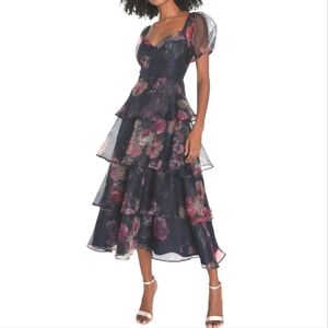 Lulus Oh-So Stunning Navy Blue Pink Floral Organza Tiered Midi Dress XXL